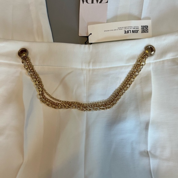 NWT ZARA NEW Ecru Womens Pants with Gold Chain Trousers Sz L - Picture 6 of 13